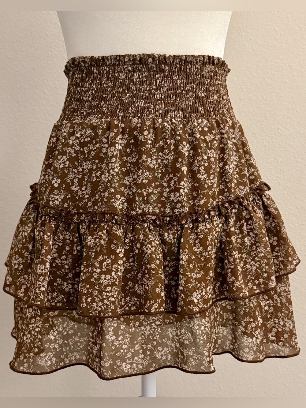 Altar’d State Brown Floral Smocked Tiered Ruffle Mini Skirt - Size S - EUC